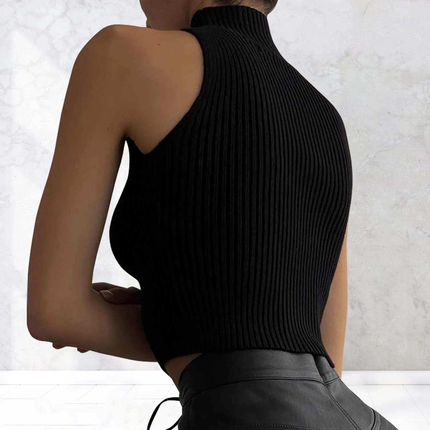 ACOSAP Women's Sleeveless Mock Neck Crop Top Sexy Cutout Turtleneck Slim Fit Rib Knit Tank Tops