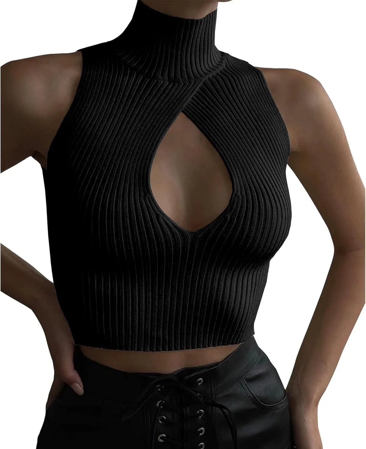 ACOSAP Women's Sleeveless Mock Neck Crop Top Sexy Cutout Turtleneck Slim Fit Rib Knit Tank Tops
