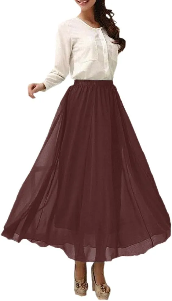 Afibi Womens Chiffon Retro Long Maxi Skirt Beach Ankle Length Skirt
