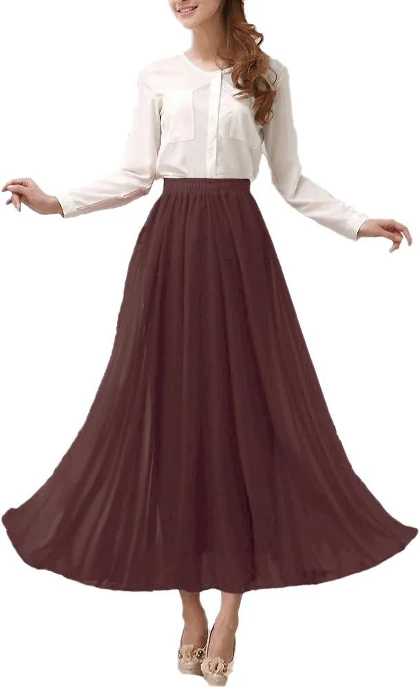 Afibi Womens Chiffon Retro Long Maxi Skirt Beach Ankle Length Skirt