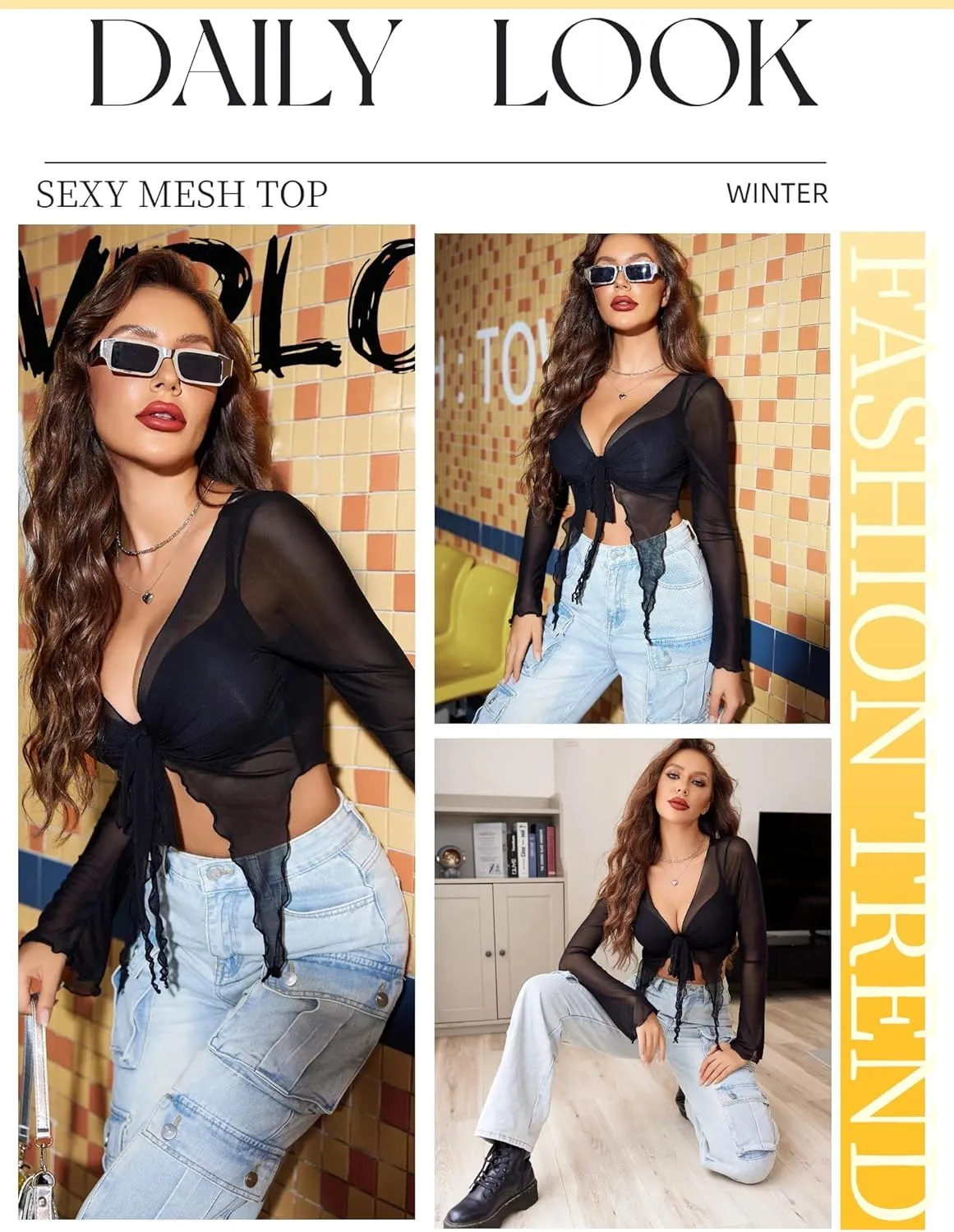 Avidlove Women Mesh Crop Top Y2K Tie Front Tops Rave Top Sheer Cardigan Sexy V Neck Outfits S-2XL