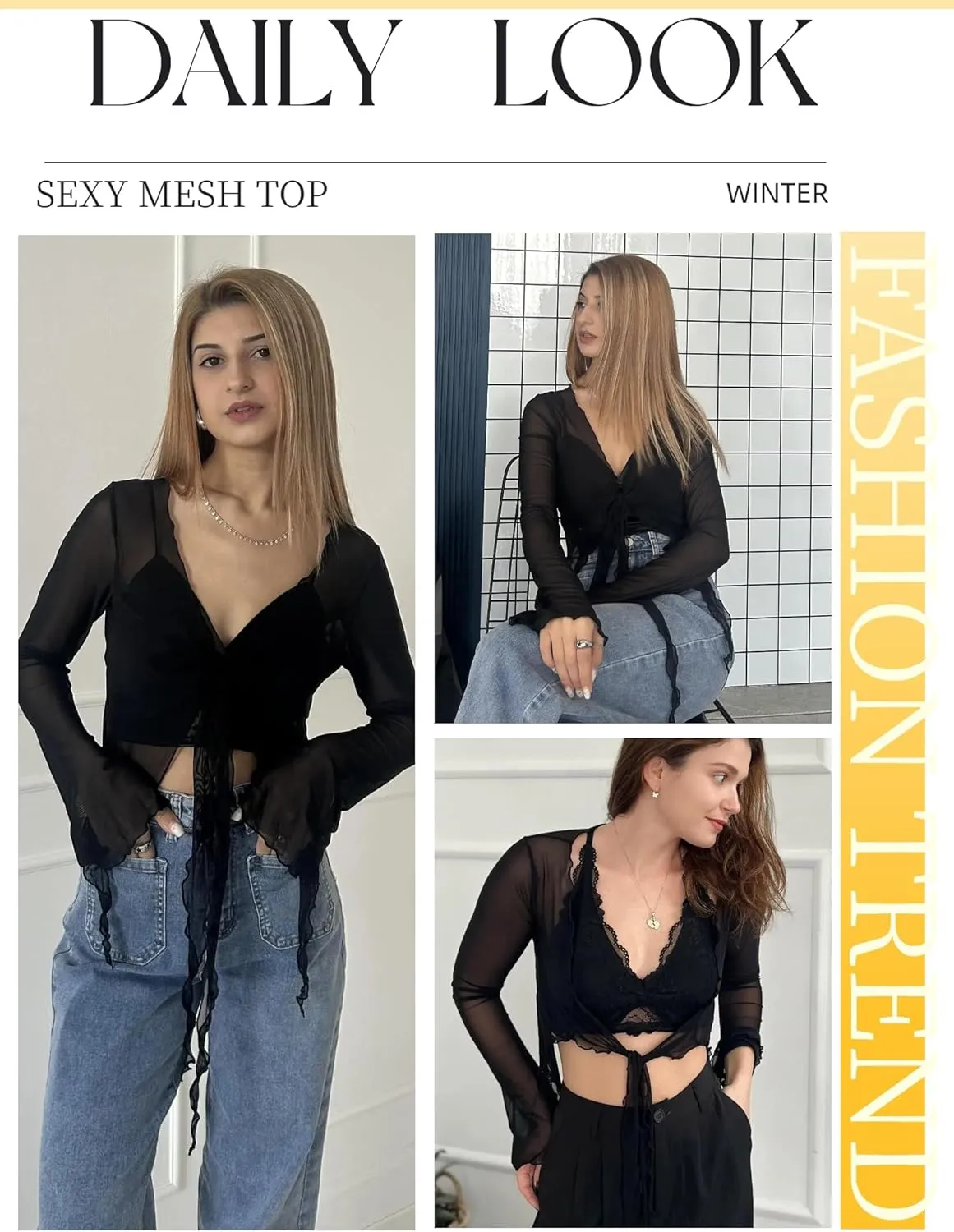 Avidlove Women Mesh Crop Top Y2K Tie Front Tops Rave Top Sheer Cardigan Sexy V Neck Outfits S-2XL