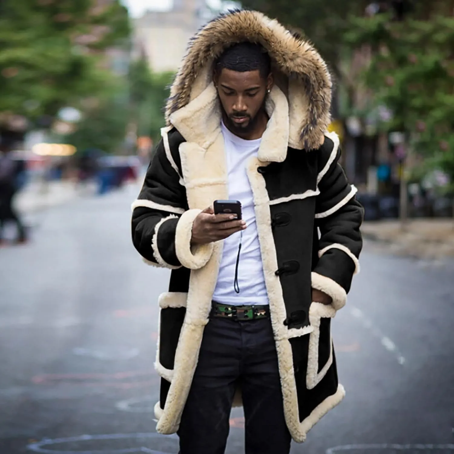 Big and Tall Shearling Coats for Men Sherpa Fleece Lined Sheepskin Leather Jackets Warm Long Trench Coats with Hood