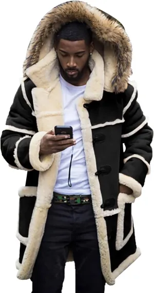 Big and Tall Shearling Coats for Men Sherpa Fleece Lined Sheepskin Leather Jackets Warm Long Trench Coats with Hood