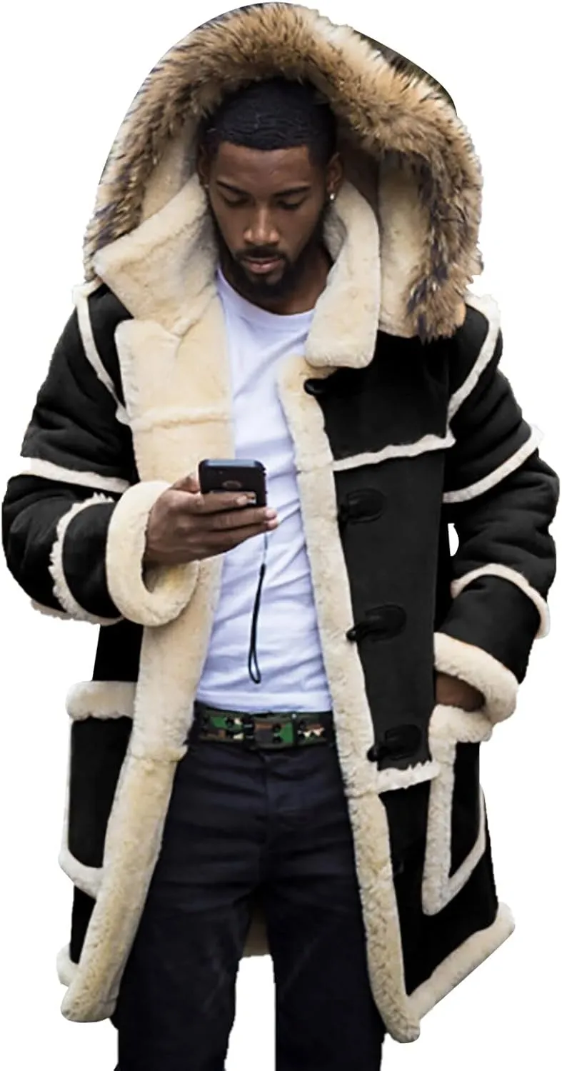 Big and Tall Shearling Coats for Men Sherpa Fleece Lined Sheepskin Leather Jackets Warm Long Trench Coats with Hood