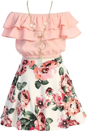 Cold Shoulder Crop Top Ruffle Layered Top Flower Girl Skirt Sets for Girl