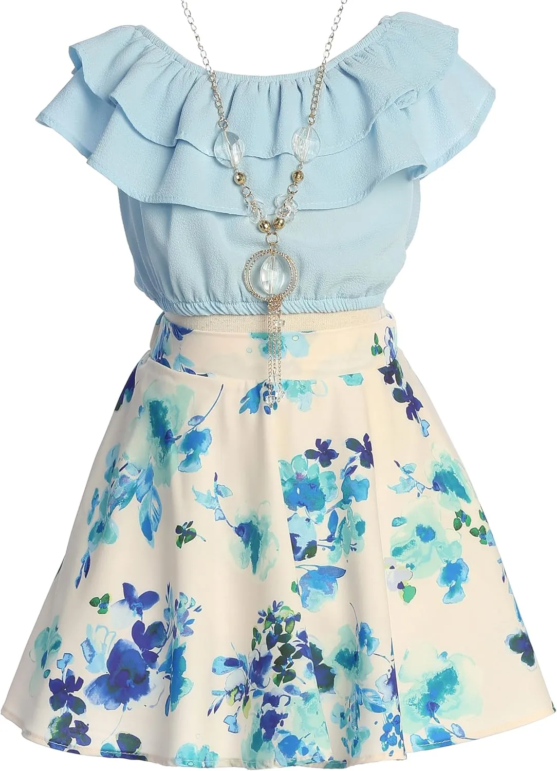 Cold Shoulder Crop Top Ruffle Layered Top Flower Girl Skirt Sets for Girl