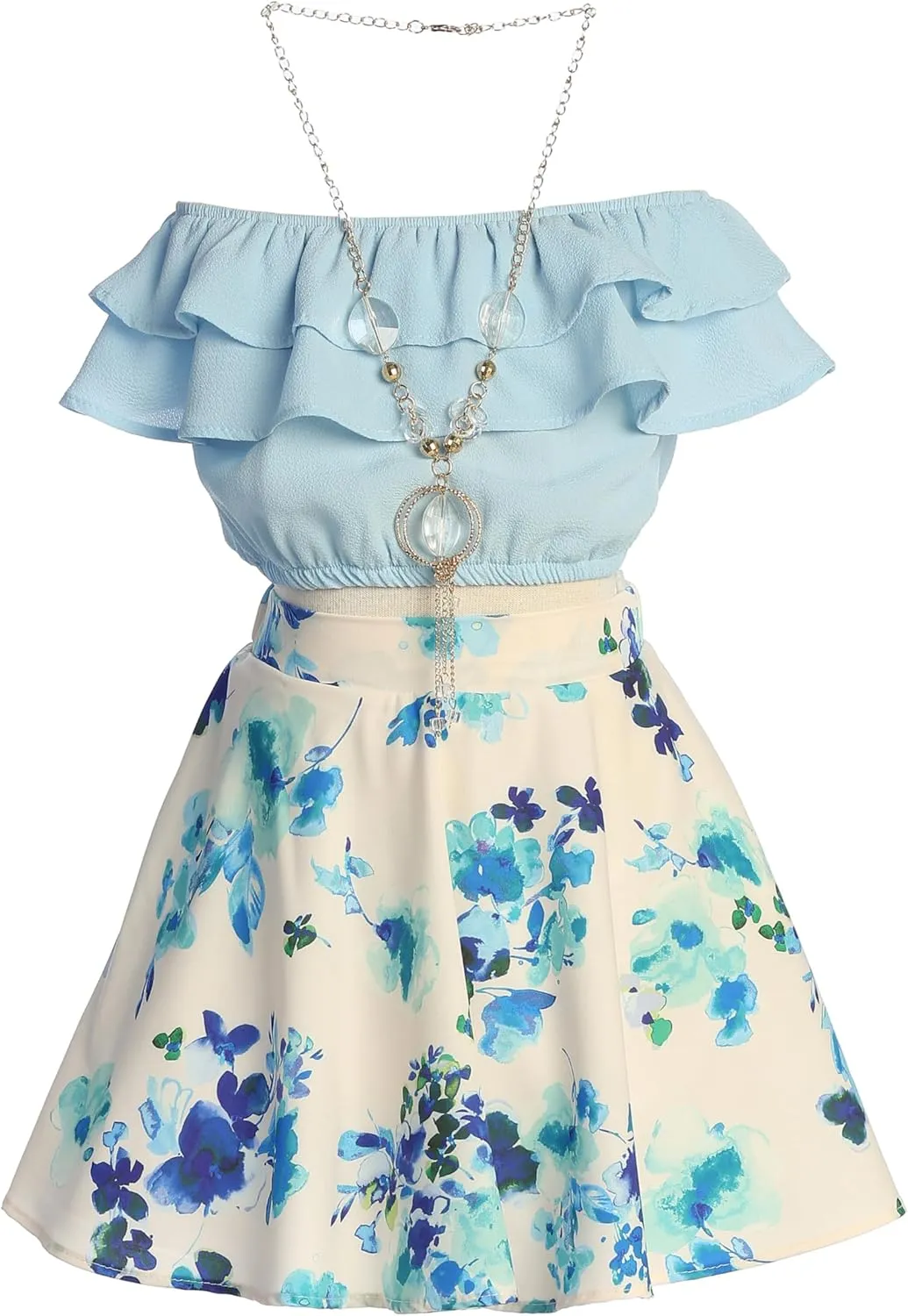 Cold Shoulder Crop Top Ruffle Layered Top Flower Girl Skirt Sets for Girl