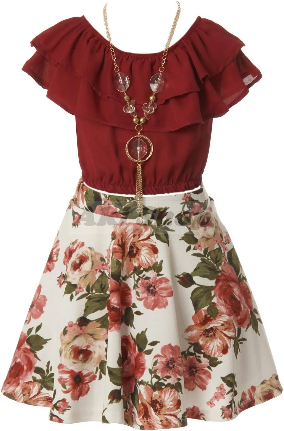 Cold Shoulder Crop Top Ruffle Layered Top Flower Girl Skirt Sets for Girl
