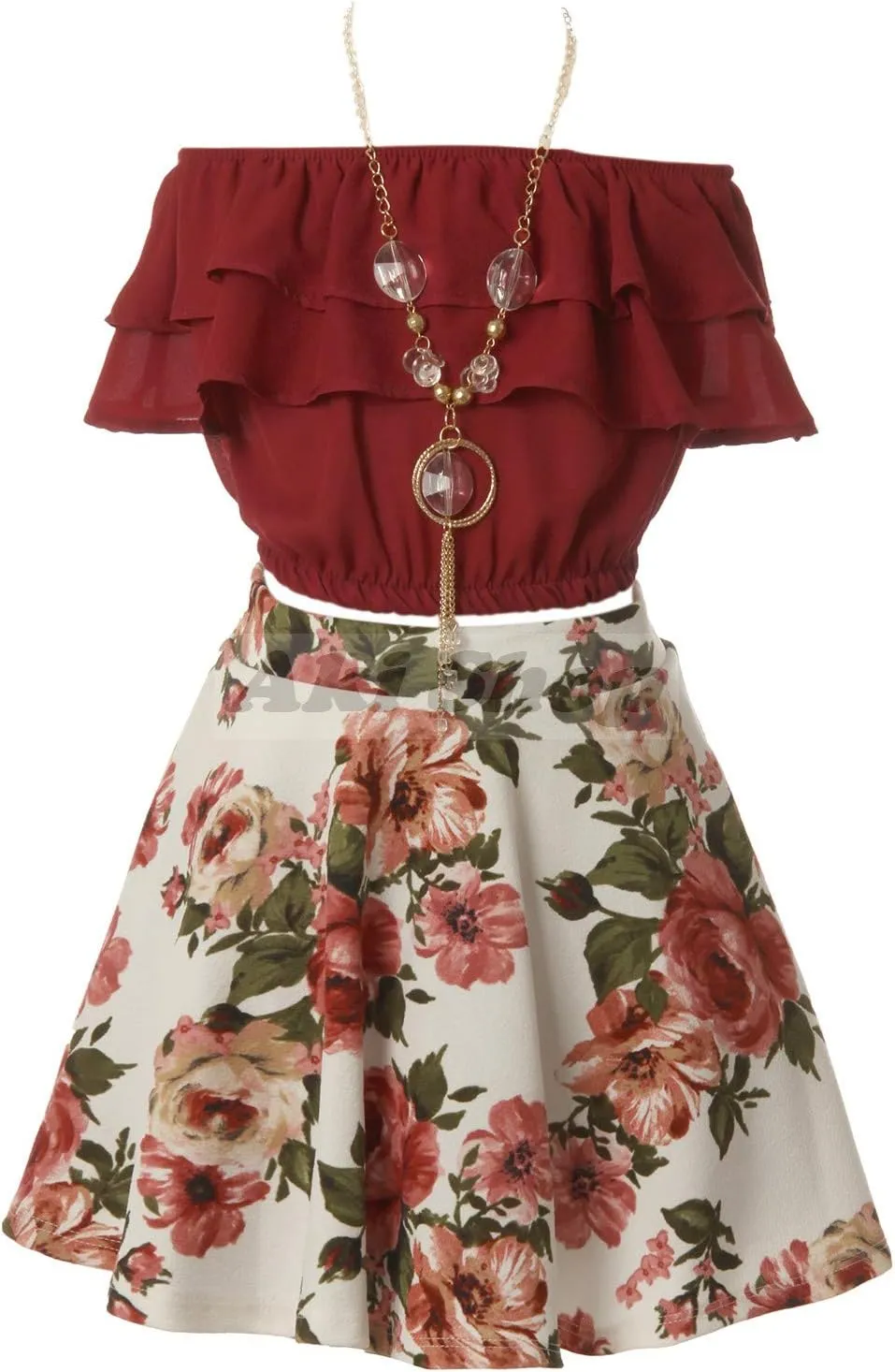 Cold Shoulder Crop Top Ruffle Layered Top Flower Girl Skirt Sets for Girl