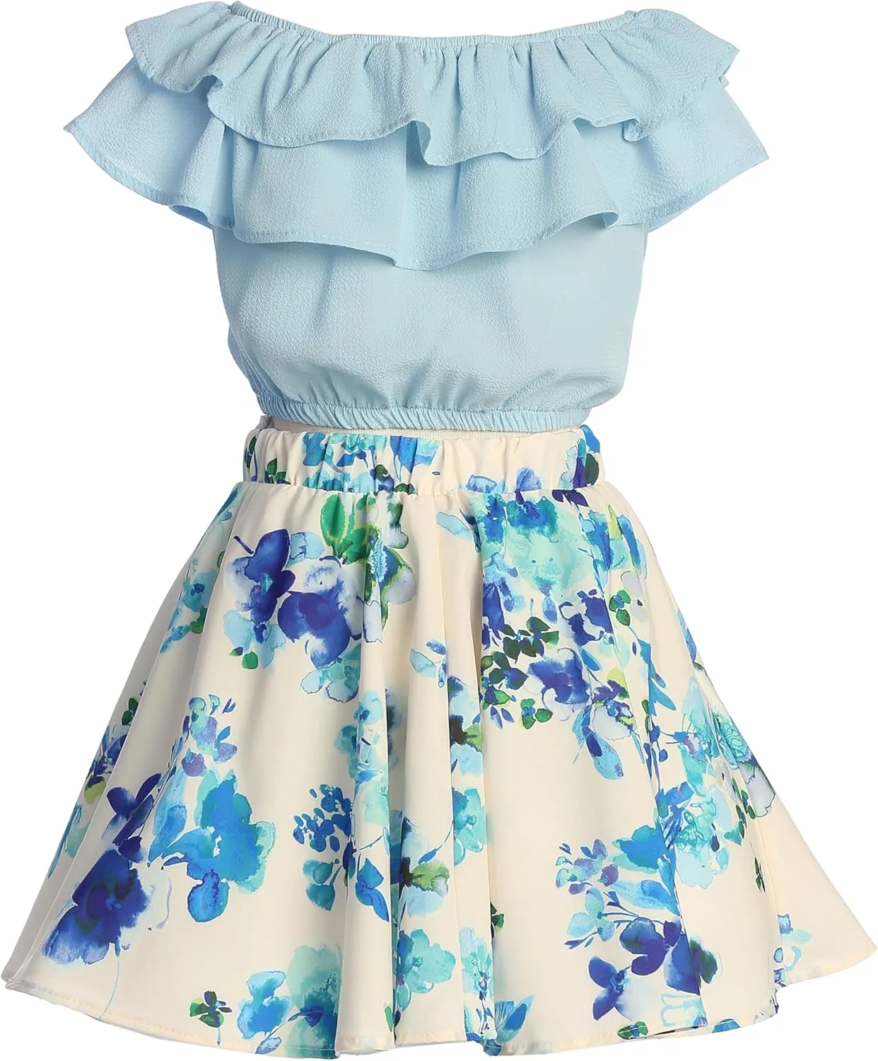 Cold Shoulder Crop Top Ruffle Layered Top Flower Girl Skirt Sets for Girl