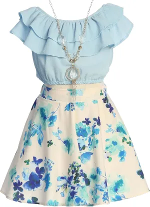 Cold Shoulder Crop Top Ruffle Layered Top Flower Girl Skirt Sets for Girl