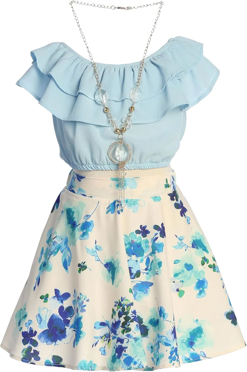 Cold Shoulder Crop Top Ruffle Layered Top Flower Girl Skirt Sets for Girl