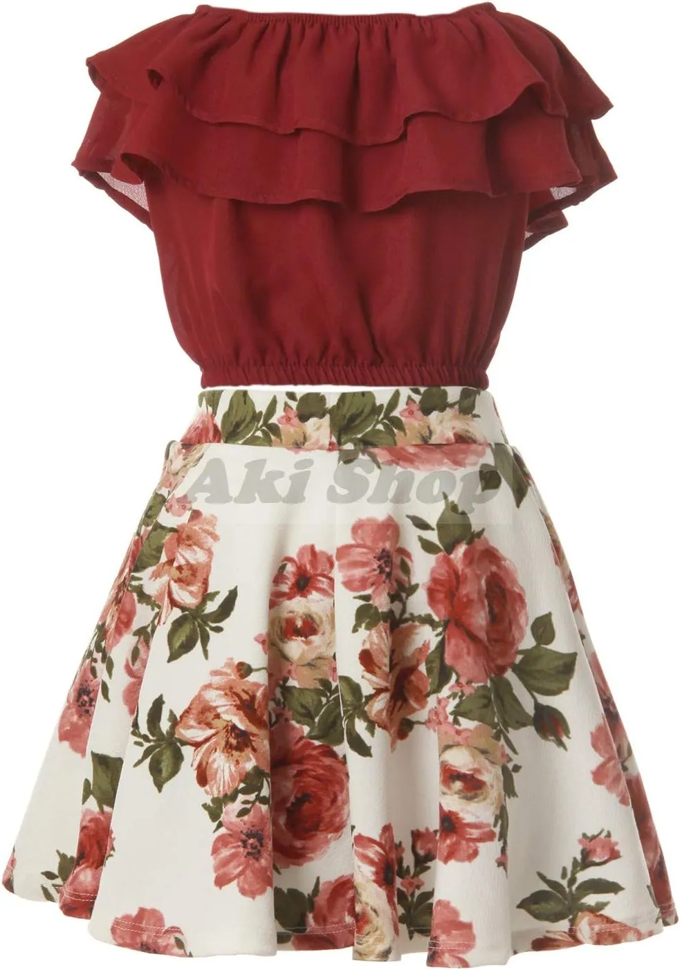 Cold Shoulder Crop Top Ruffle Layered Top Flower Girl Skirt Sets for Girl