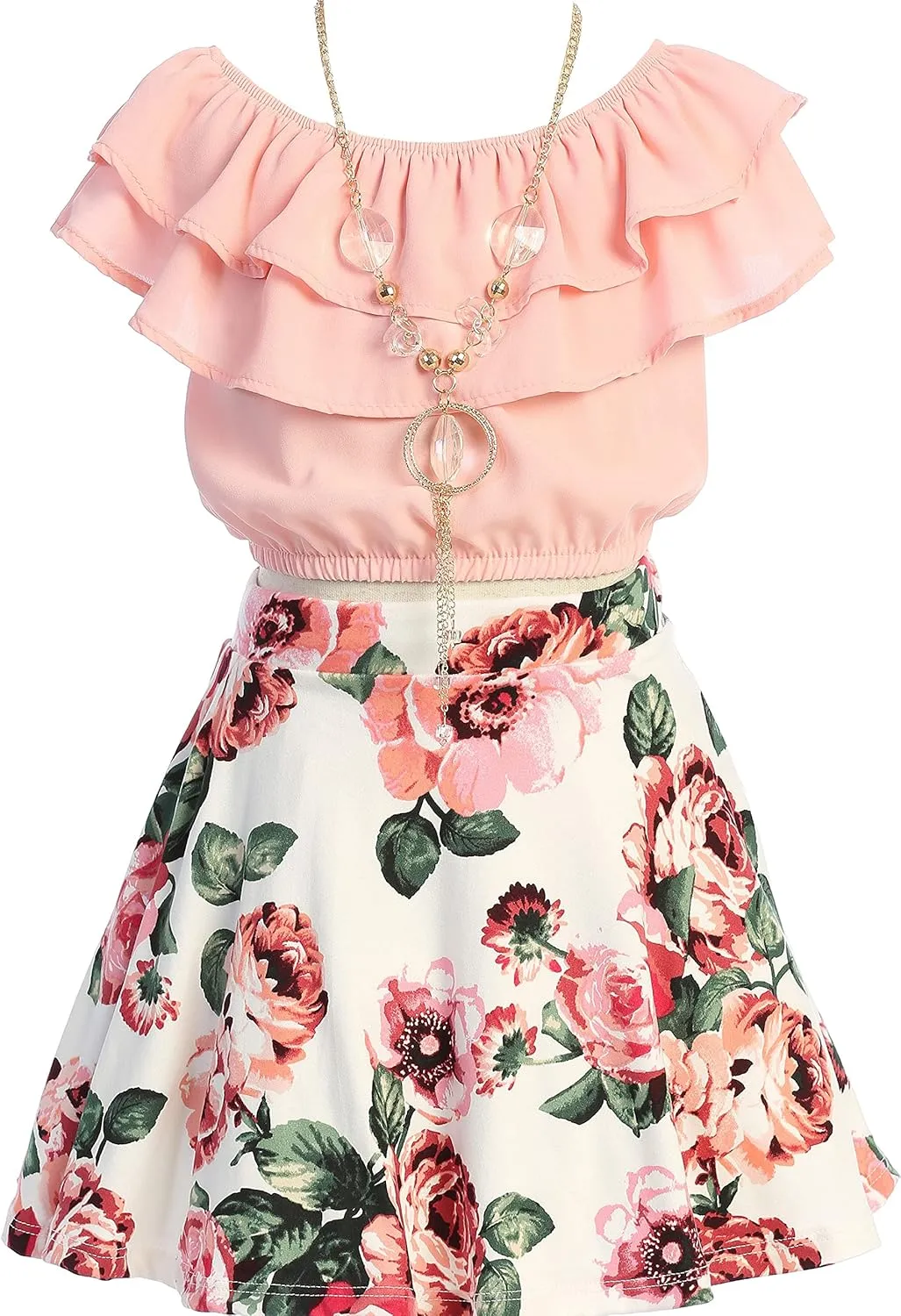 Cold Shoulder Crop Top Ruffle Layered Top Flower Girl Skirt Sets for Girl