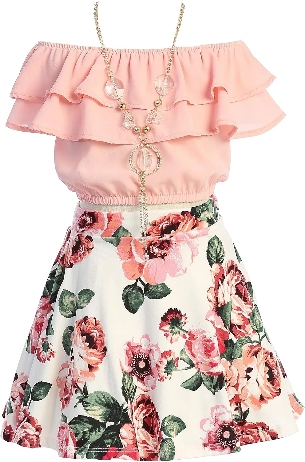 Cold Shoulder Crop Top Ruffle Layered Top Flower Girl Skirt Sets for Girl