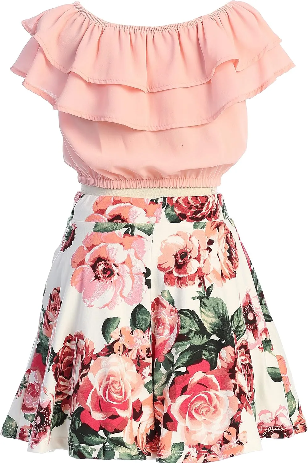 Cold Shoulder Crop Top Ruffle Layered Top Flower Girl Skirt Sets for Girl