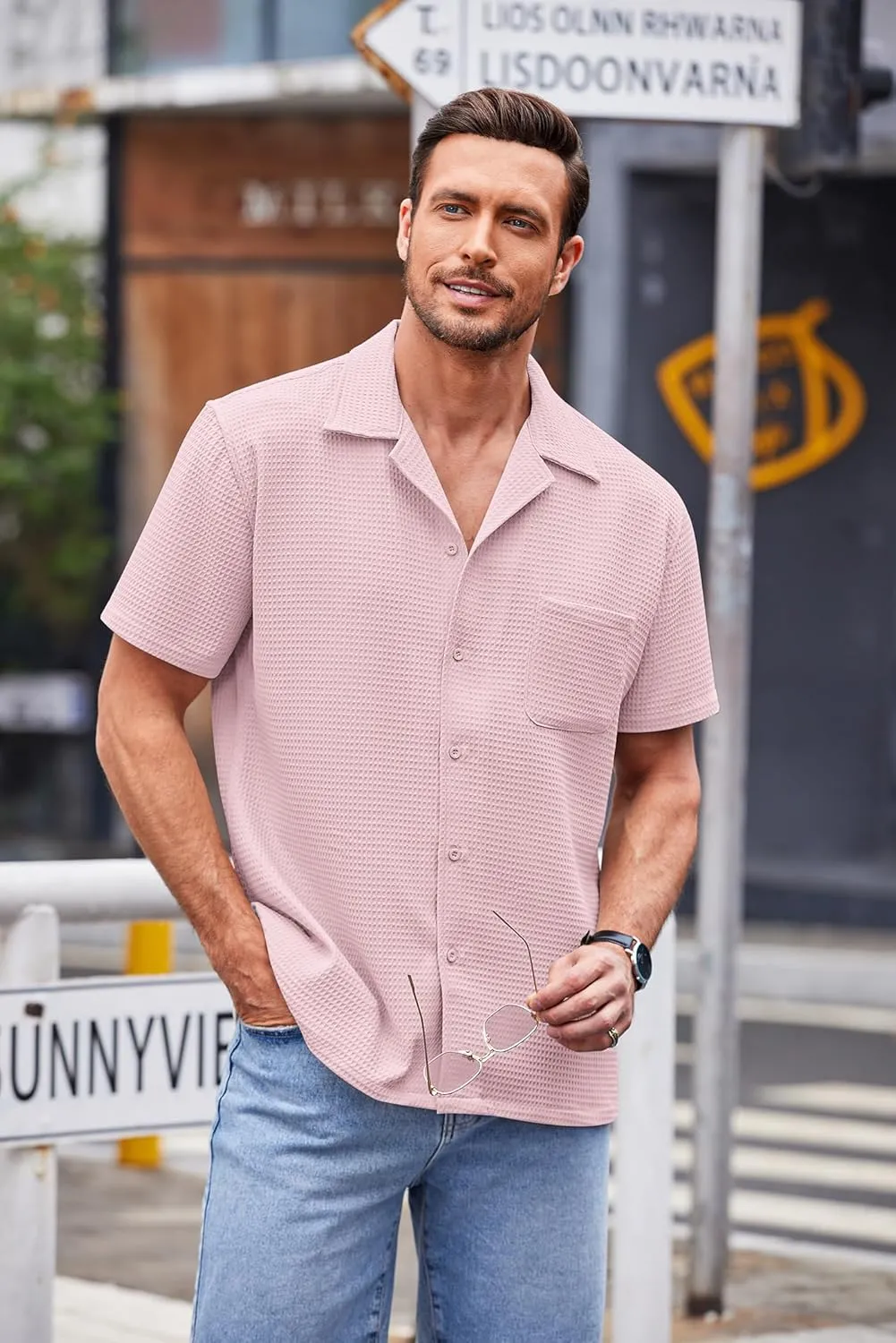 COOFANDY Men's Waffle Shirt Button Down Short Sleeve Shirt Loose Fit Cuban Beach Tops