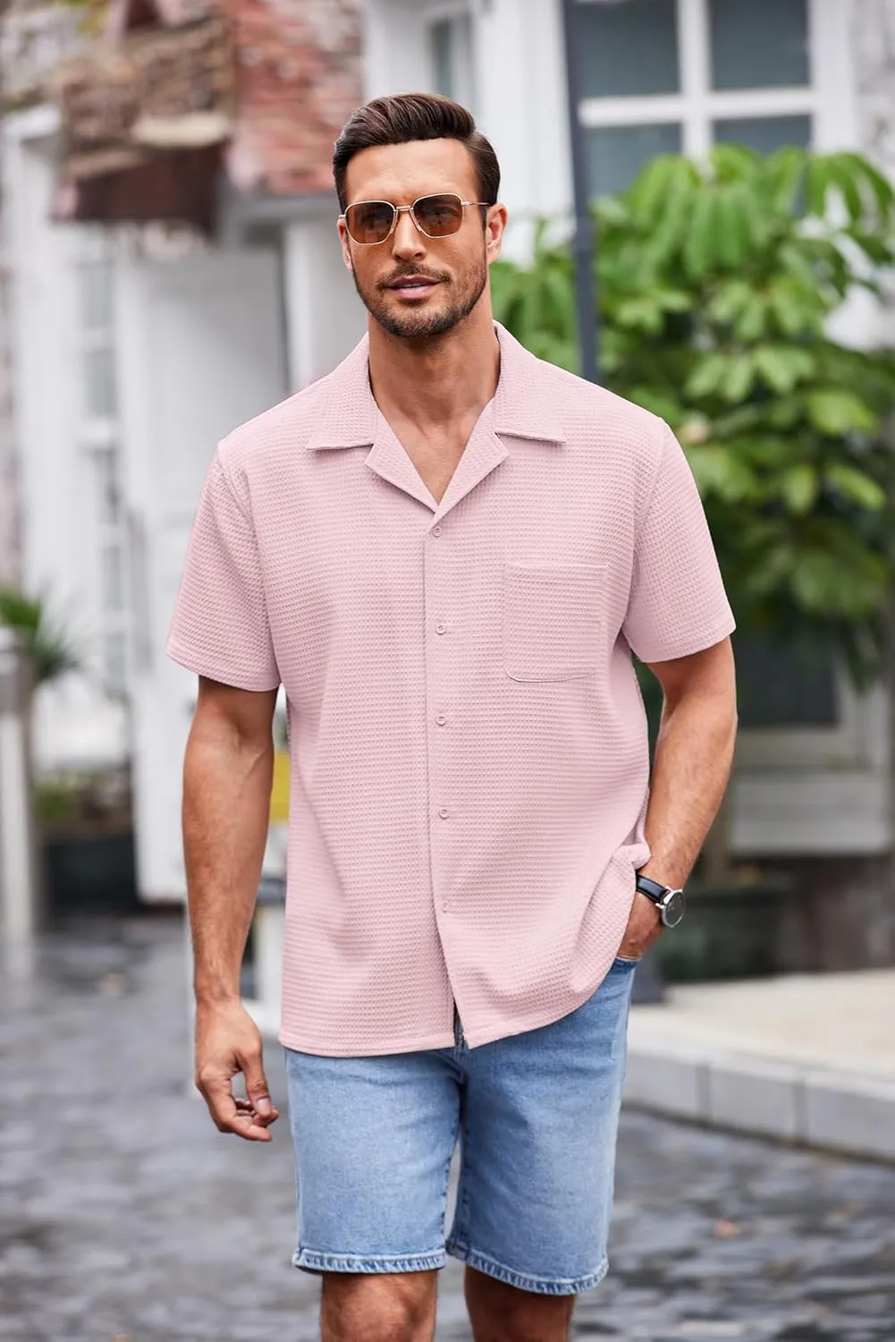 COOFANDY Men's Waffle Shirt Button Down Short Sleeve Shirt Loose Fit Cuban Beach Tops