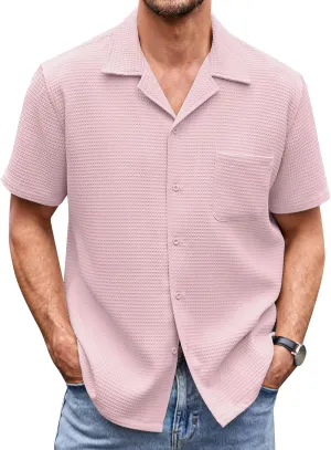 COOFANDY Men's Waffle Shirt Button Down Short Sleeve Shirt Loose Fit Cuban Beach Tops