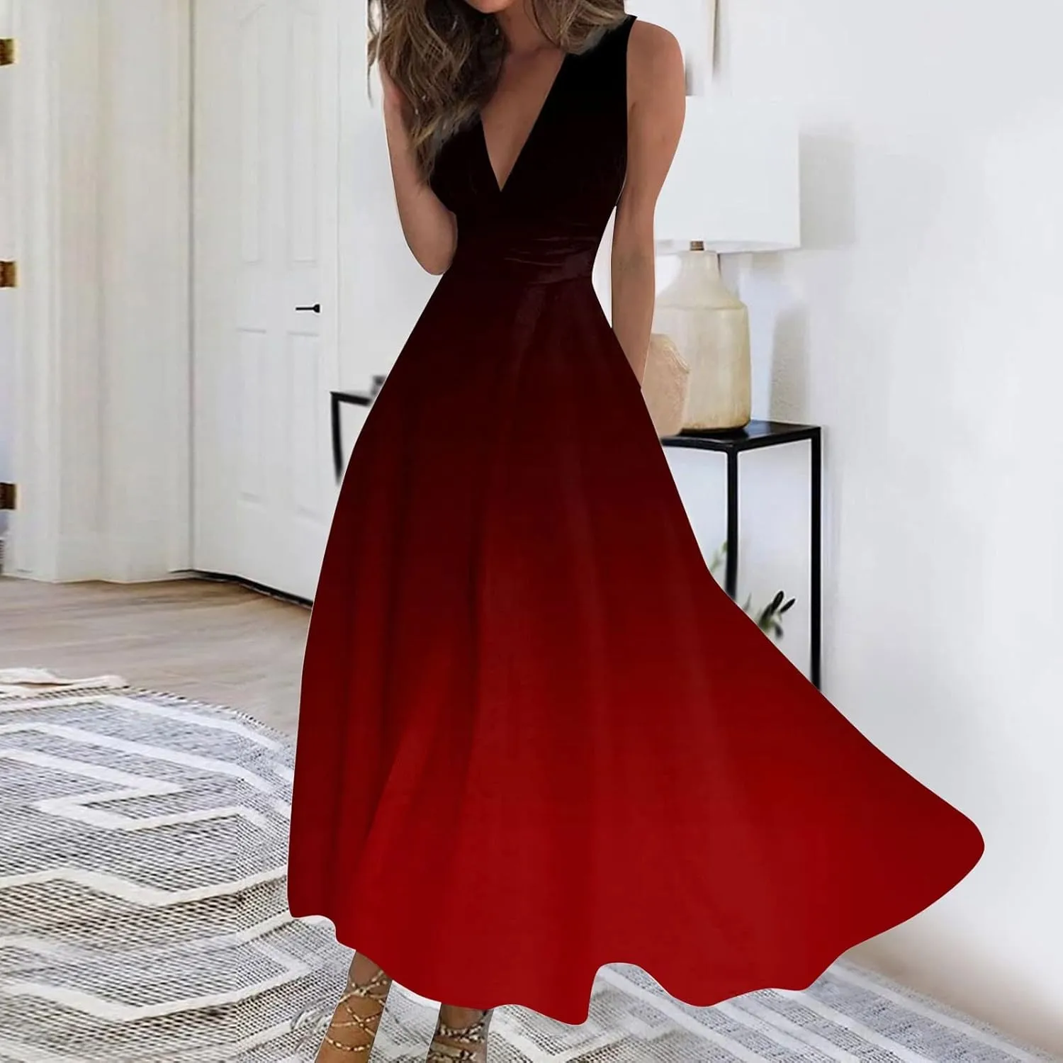 Dresses for Women 2025 Sleeveless Wrap V Neck Sundress Flowy Ruched Floral Print Maxi Dress Elegant Beach Dress