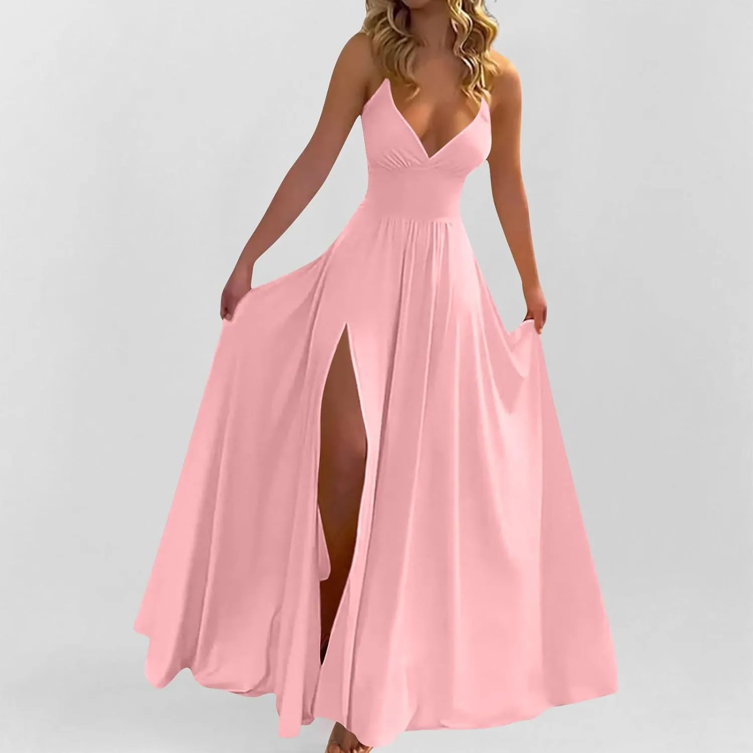 Dresses for Women Sexy Low Cut Wrap V Neck Tie Up Backless Pleated Maxi Dress Side Split Cocktail Wedding Party Gowns
