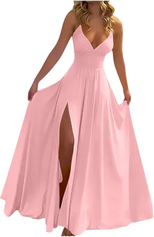 Dresses for Women Sexy Low Cut Wrap V Neck Tie Up Backless Pleated Maxi Dress Side Split Cocktail Wedding Party Gowns