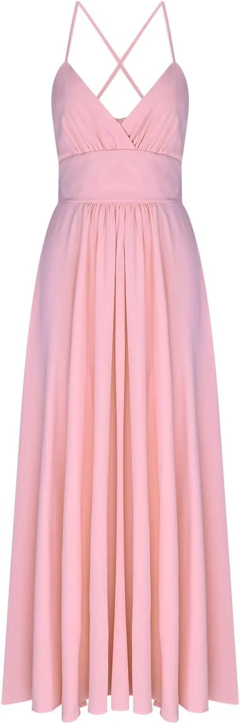 Dresses for Women Sexy Low Cut Wrap V Neck Tie Up Backless Pleated Maxi Dress Side Split Cocktail Wedding Party Gowns