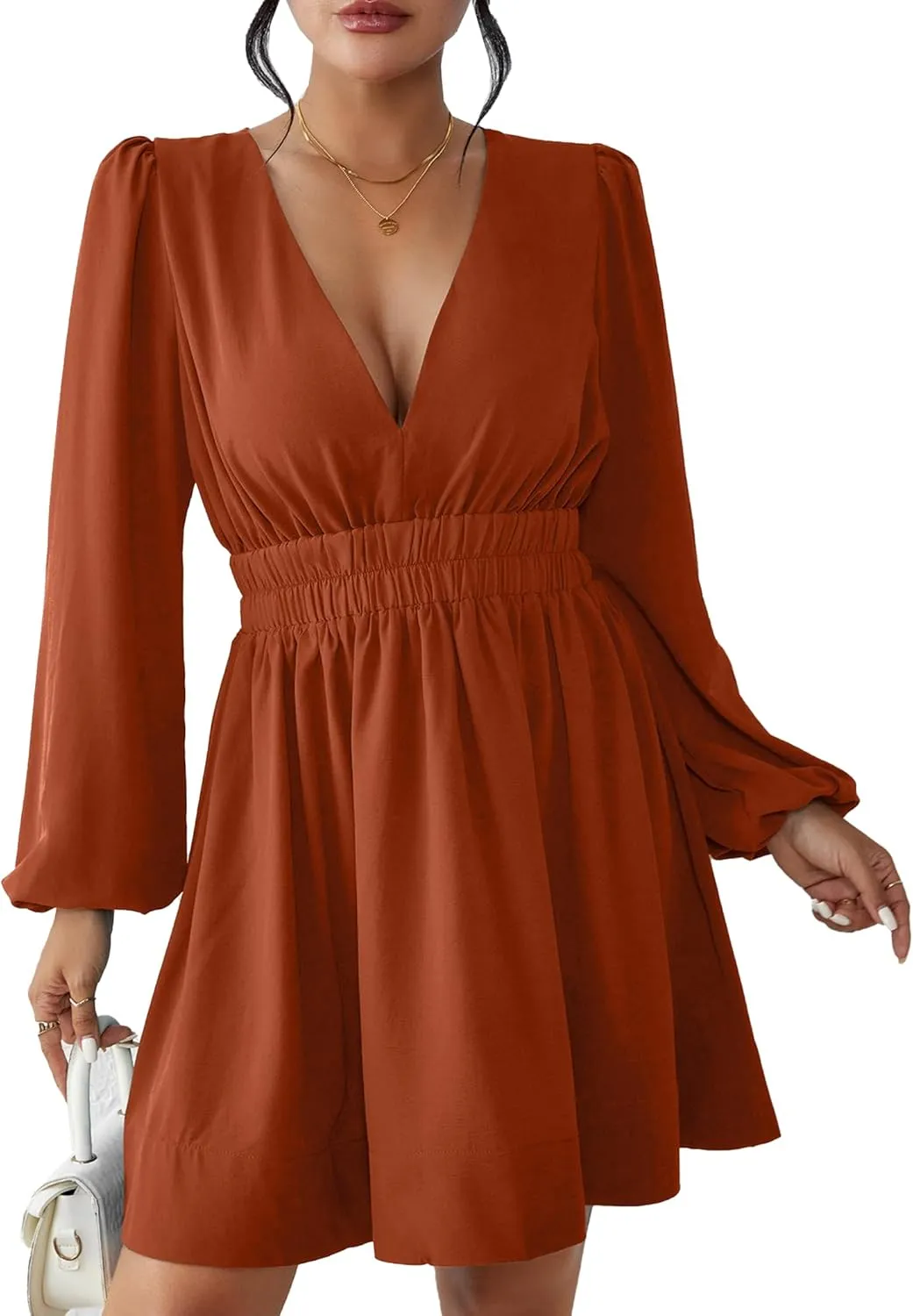 FAIABLE Mini Dress Deep V Sexy Dress Long Sleeve Dress for Women A-line High Waisted Casual Flowy Dress