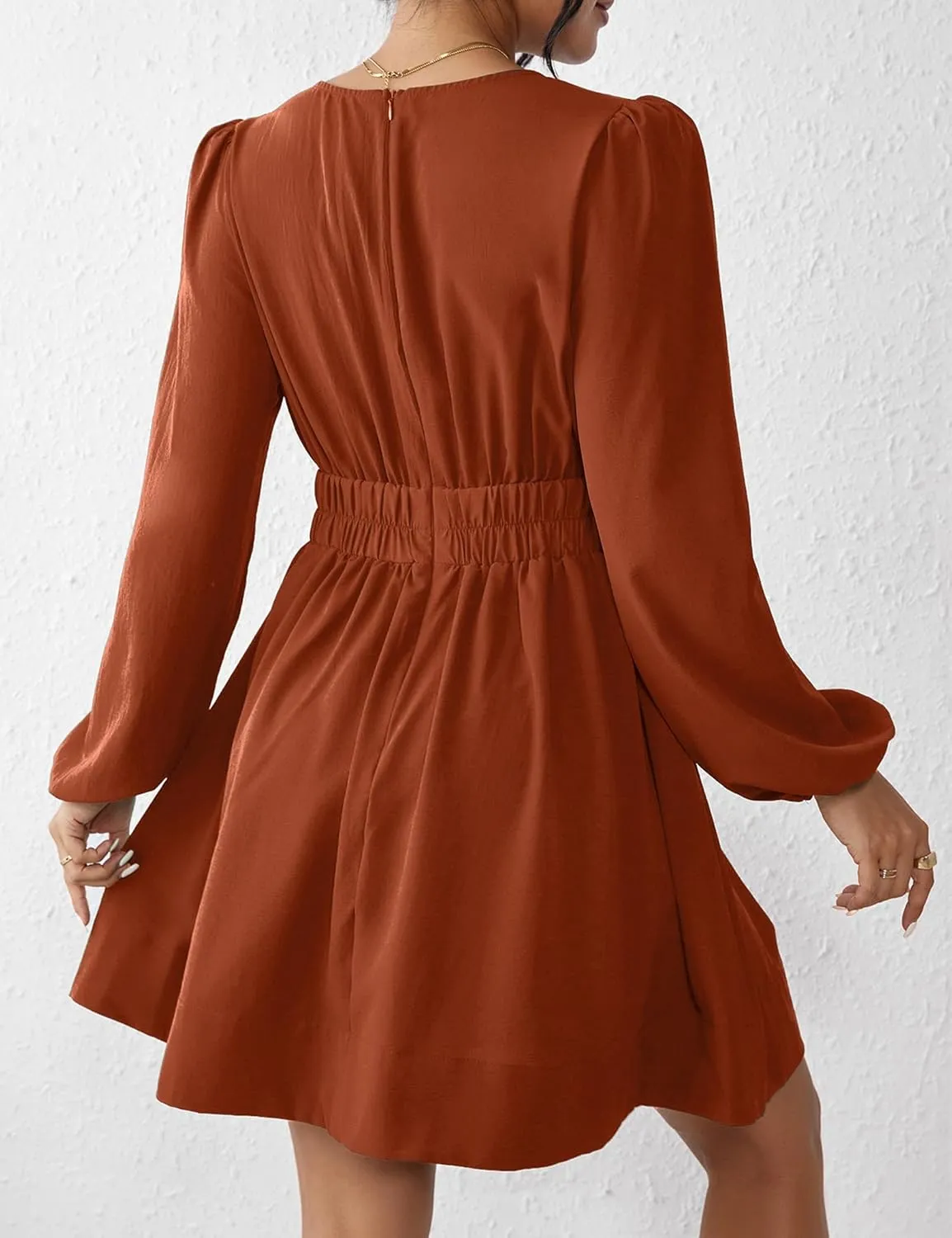 FAIABLE Mini Dress Deep V Sexy Dress Long Sleeve Dress for Women A-line High Waisted Casual Flowy Dress