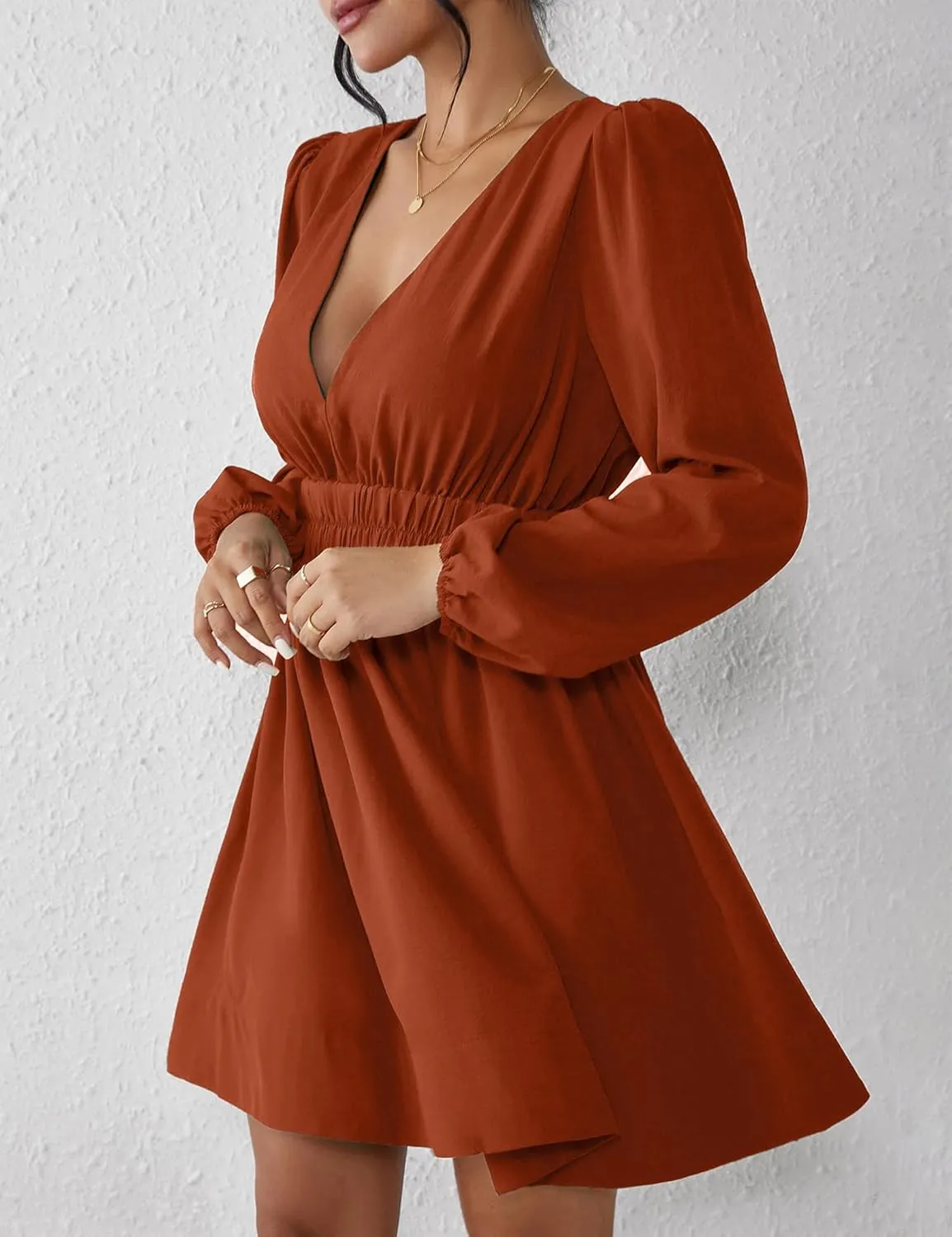 FAIABLE Mini Dress Deep V Sexy Dress Long Sleeve Dress for Women A-line High Waisted Casual Flowy Dress