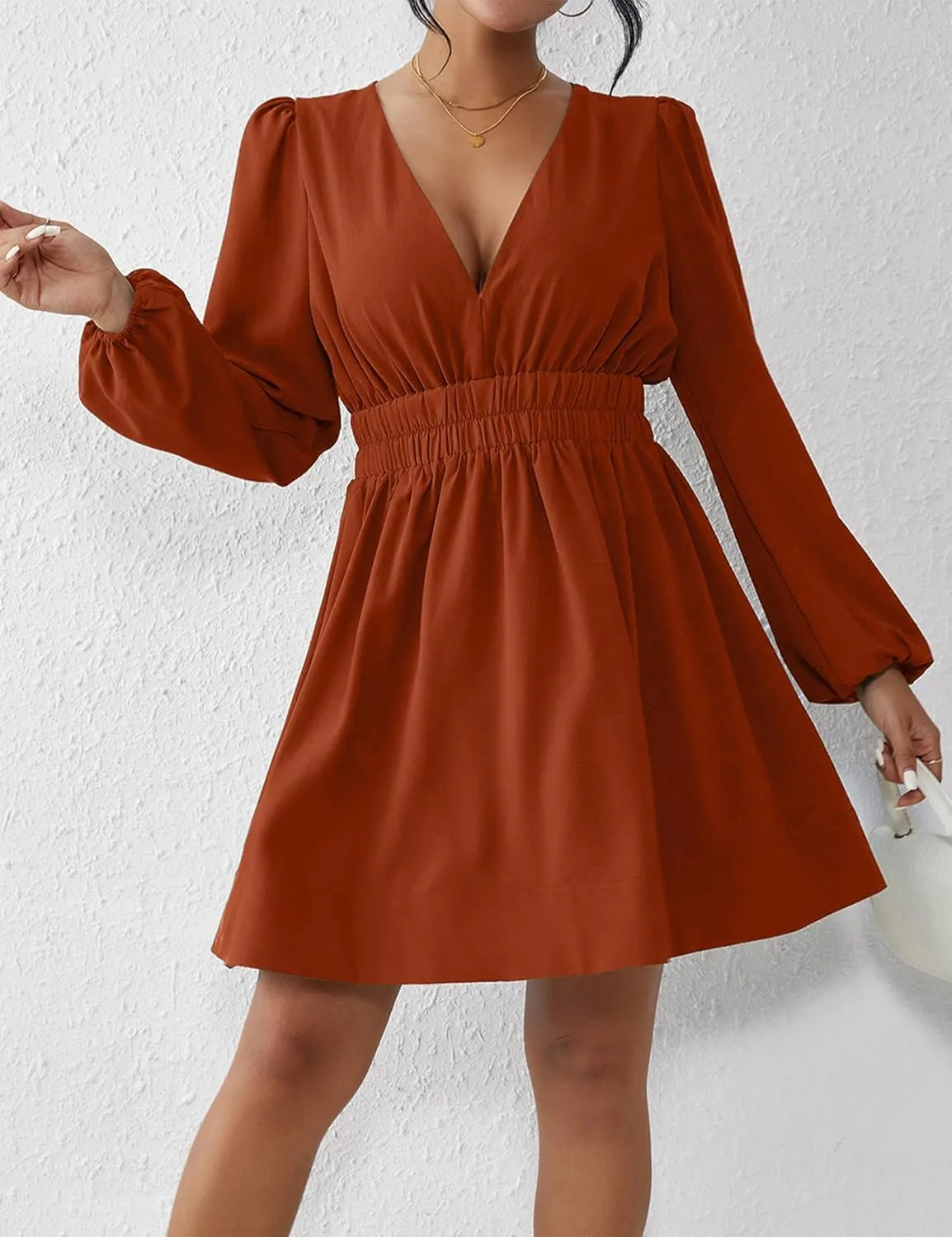 FAIABLE Mini Dress Deep V Sexy Dress Long Sleeve Dress for Women A-line High Waisted Casual Flowy Dress