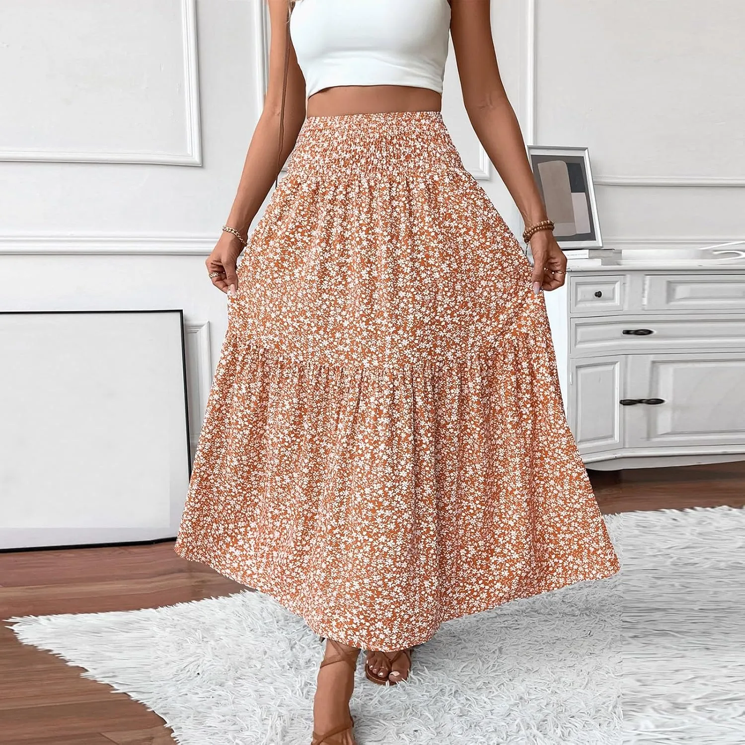 Floral Maxi Skirts for Women Trendy Summer Casual Boho Long Flowy Skirt Smocked Elastic High Waisted A Line Skirt