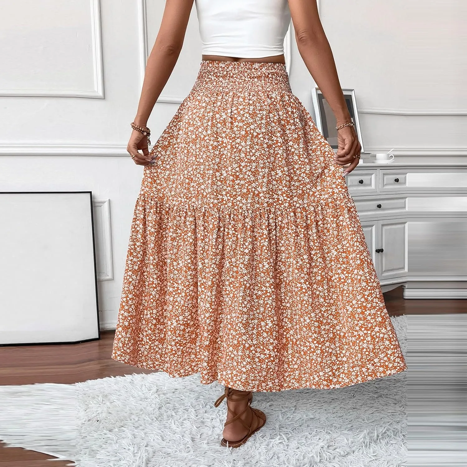Floral Maxi Skirts for Women Trendy Summer Casual Boho Long Flowy Skirt Smocked Elastic High Waisted A Line Skirt