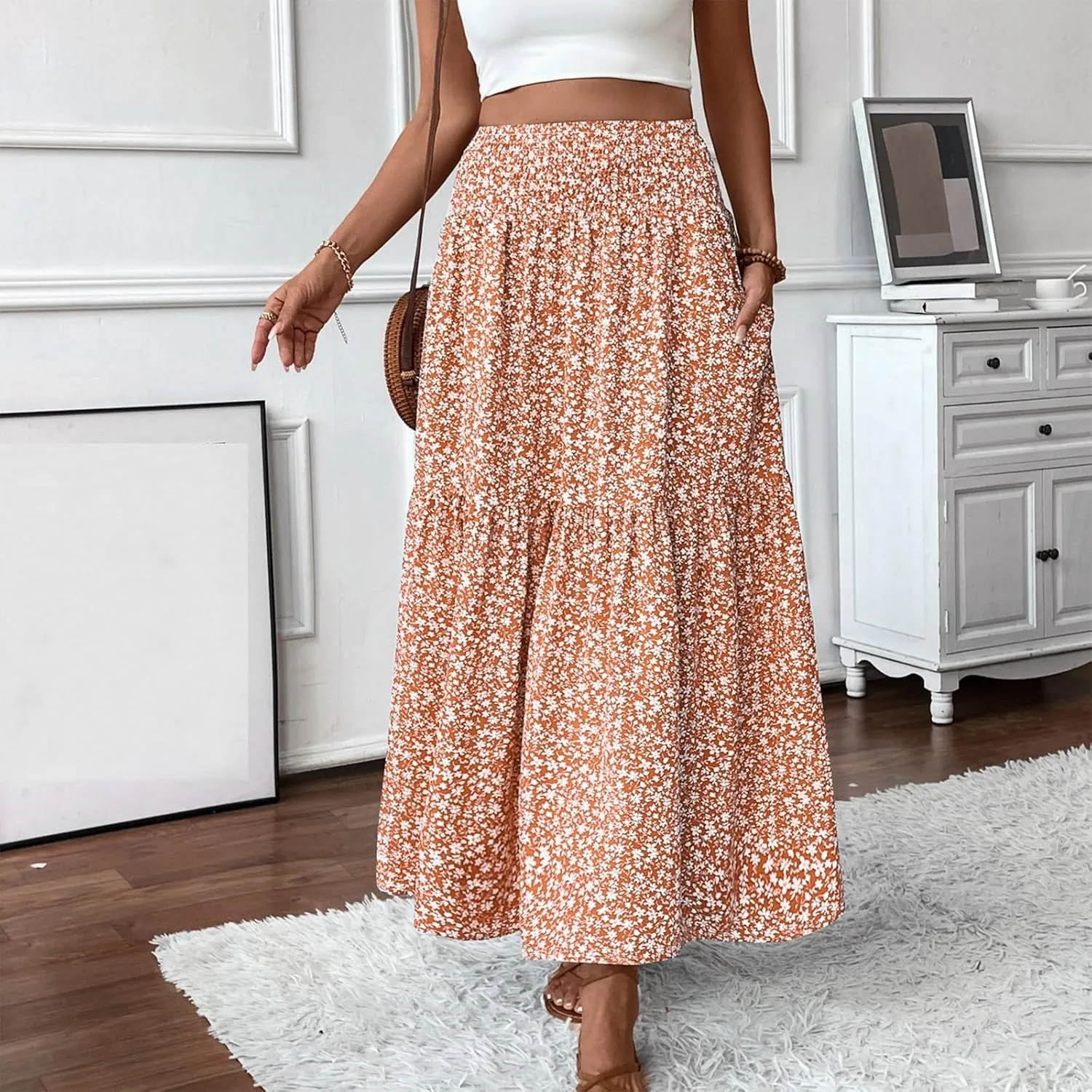 Floral Maxi Skirts for Women Trendy Summer Casual Boho Long Flowy Skirt Smocked Elastic High Waisted A Line Skirt