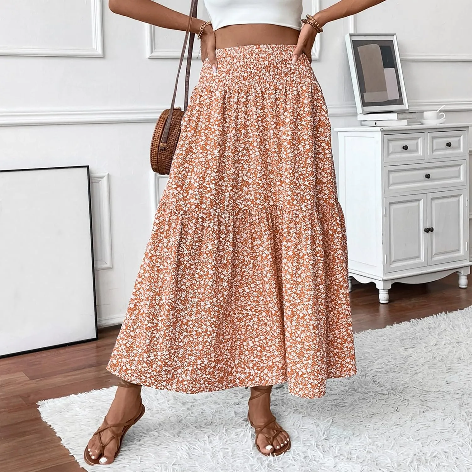 Floral Maxi Skirts for Women Trendy Summer Casual Boho Long Flowy Skirt Smocked Elastic High Waisted A Line Skirt
