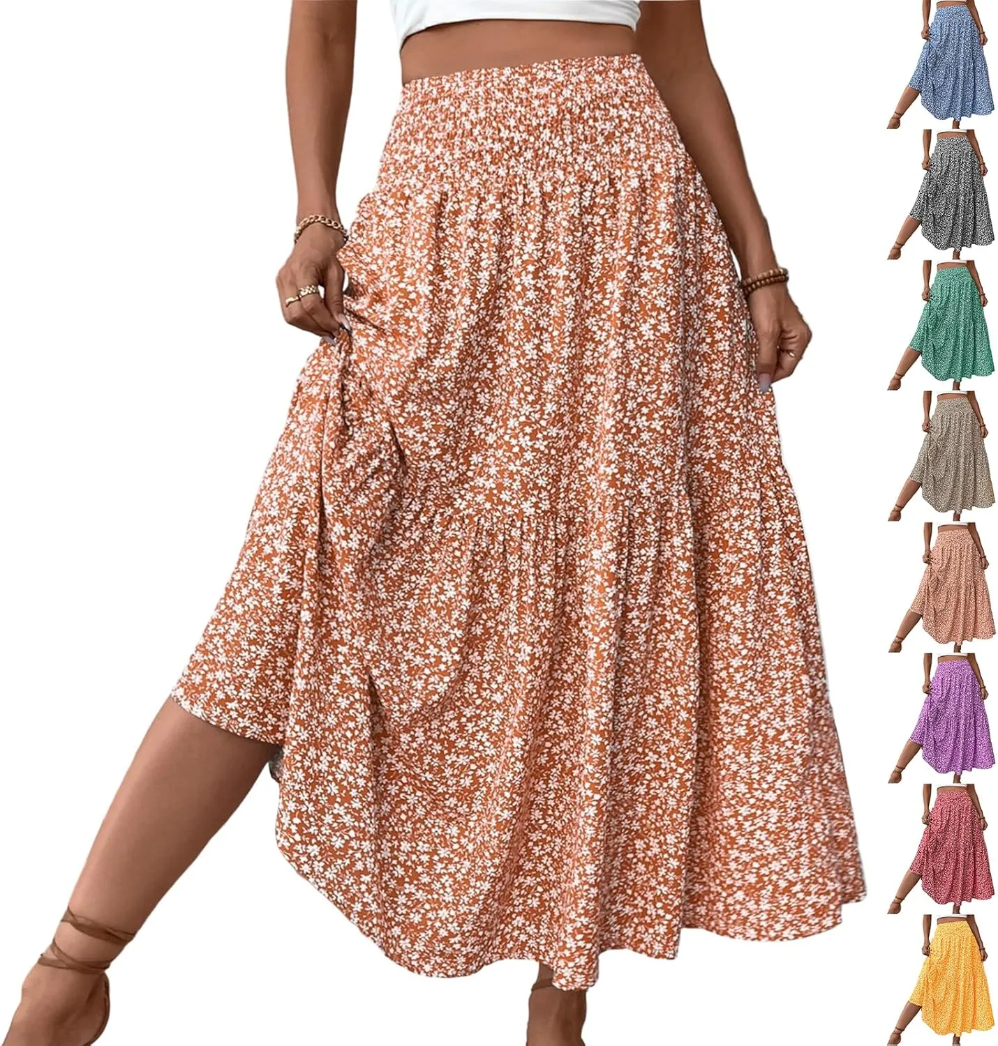 Floral Maxi Skirts for Women Trendy Summer Casual Boho Long Flowy Skirt Smocked Elastic High Waisted A Line Skirt