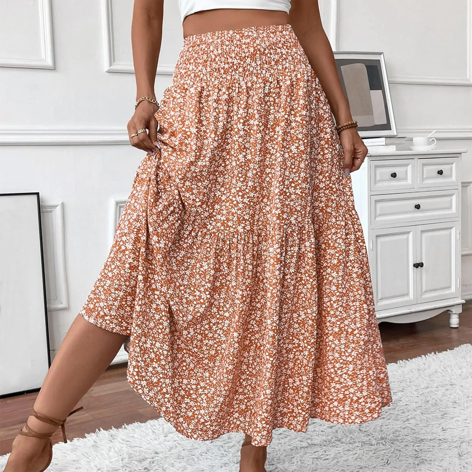Floral Maxi Skirts for Women Trendy Summer Casual Boho Long Flowy Skirt Smocked Elastic High Waisted A Line Skirt