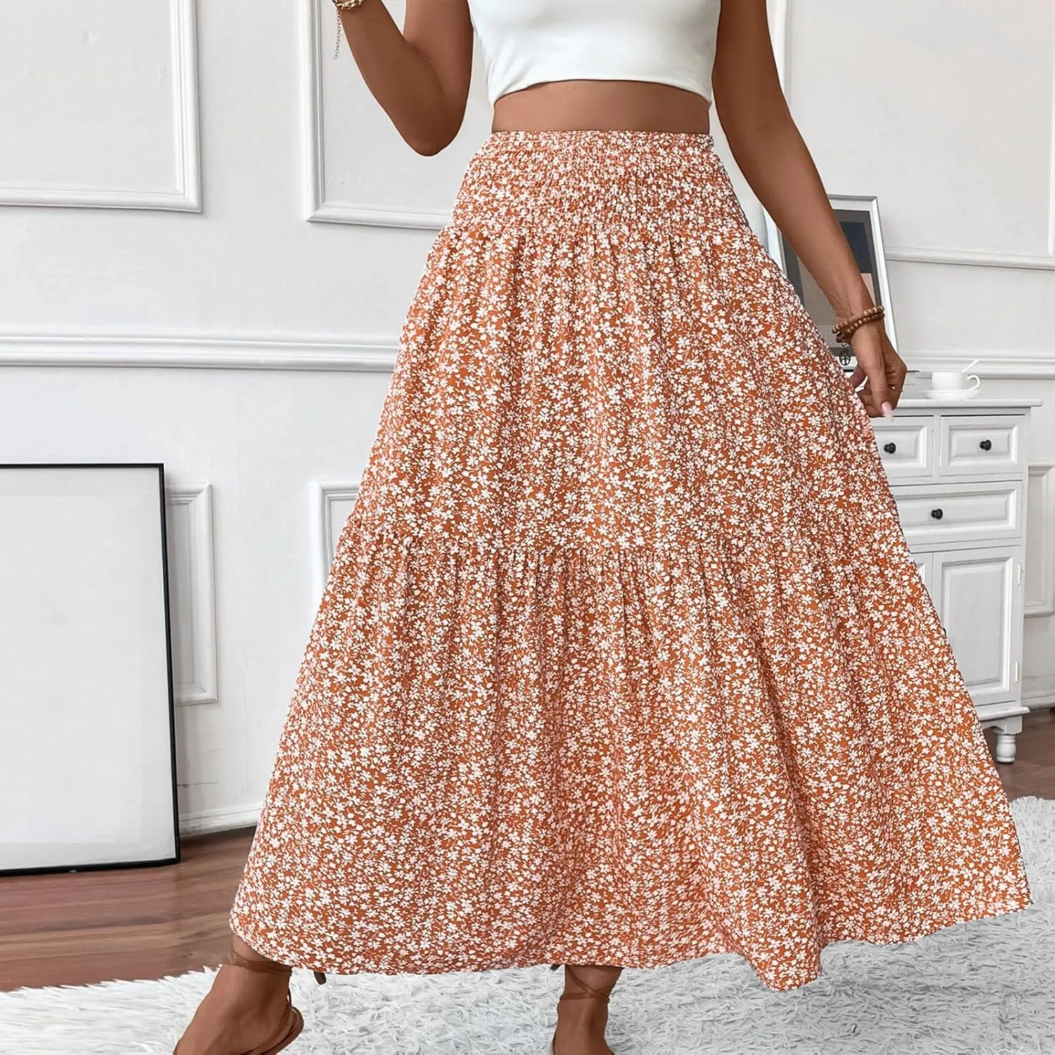 Floral Maxi Skirts for Women Trendy Summer Casual Boho Long Flowy Skirt Smocked Elastic High Waisted A Line Skirt