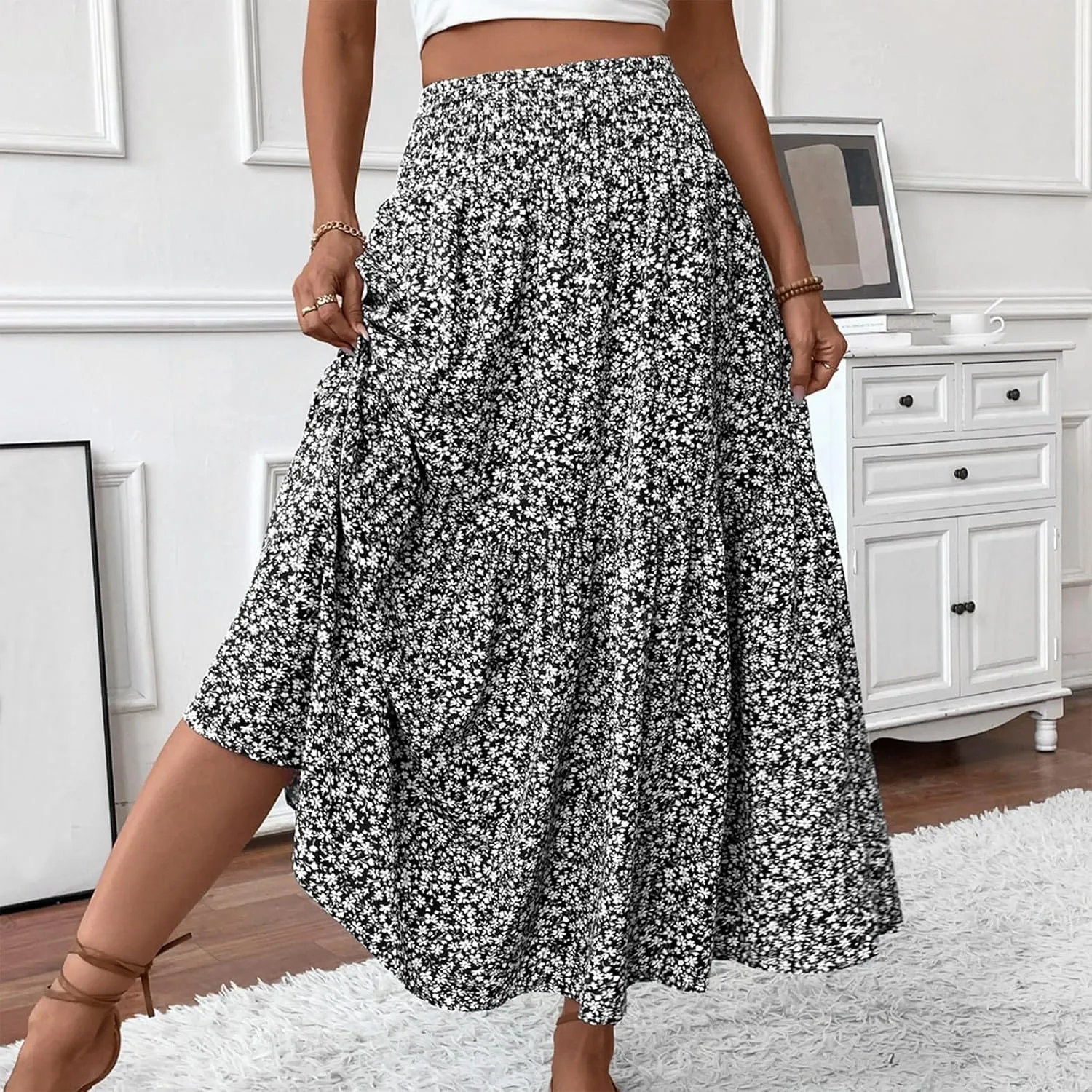 Floral Maxi Skirts for Women Trendy Summer Casual Boho Long Flowy Skirt Smocked Elastic High Waisted A Line Skirt