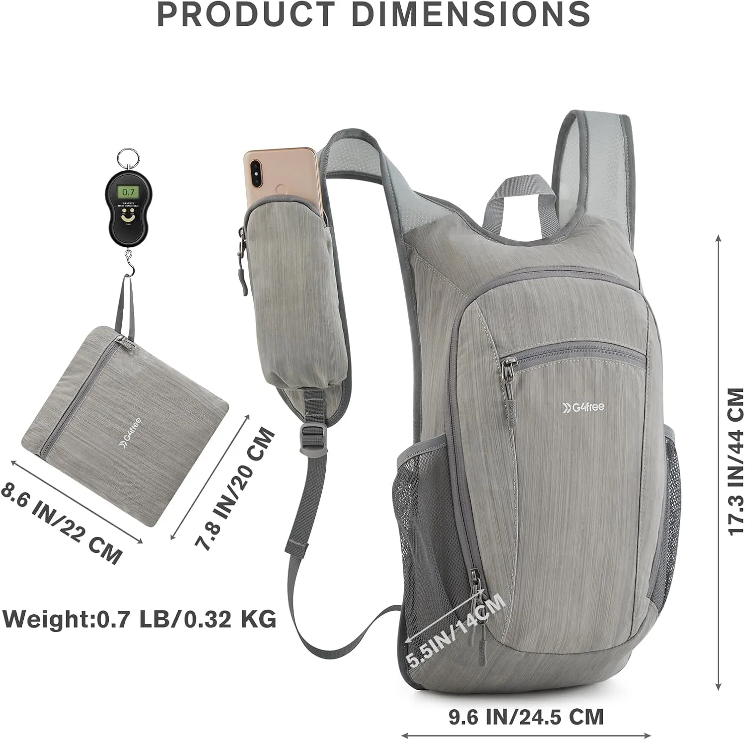 G4Free 15L Hiking Daypack Lightweight Travel Backpack Packable Outdoor Casual Foldable Shoulder Bag (Grey)