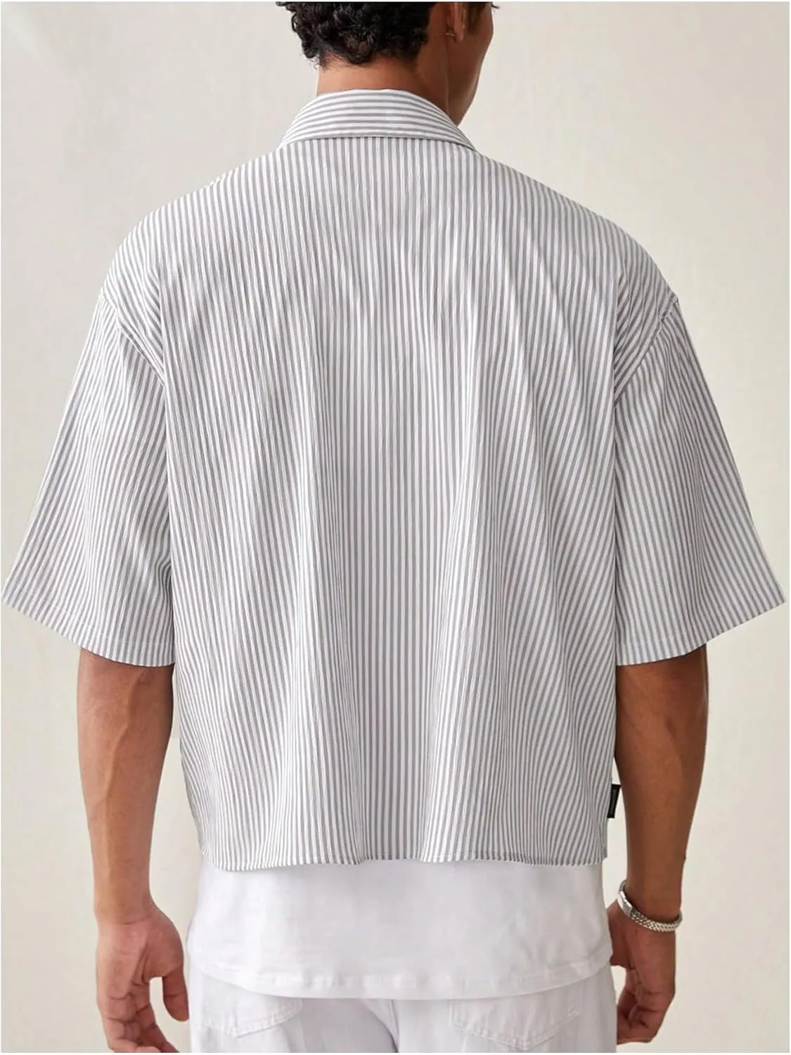 GORGLITTER Men's Striped Crop Letter Graphic Flap Button Down Up Shirt Short Sleeve Collar Top