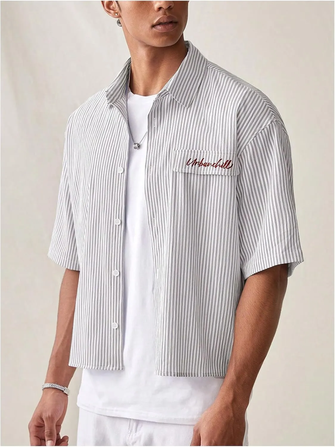 GORGLITTER Men's Striped Crop Letter Graphic Flap Button Down Up Shirt Short Sleeve Collar Top