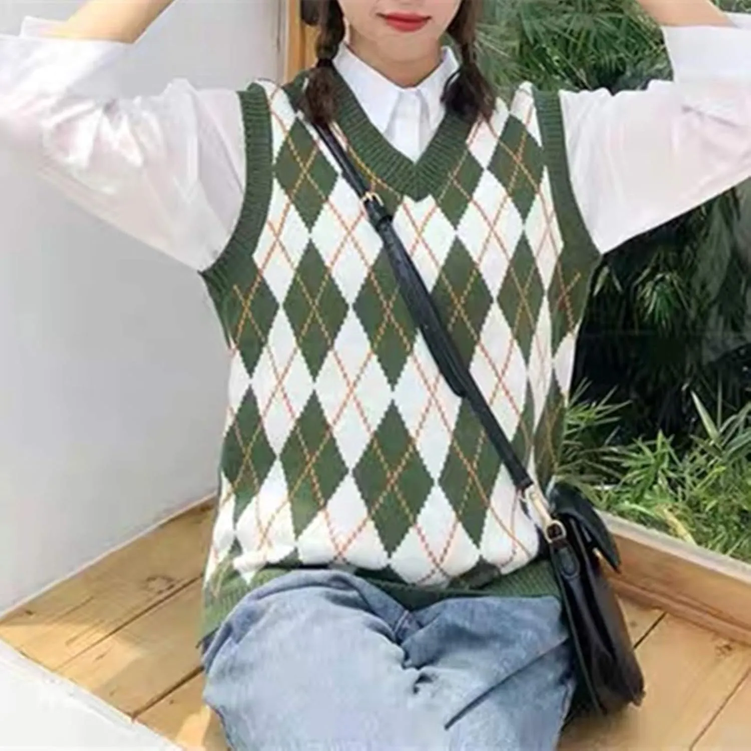 Hyipels Sweater Vest Women,Sleeveless V Neck Argyle Plaid Long Preppy Loose Knitted Casual School Sweaters Tank Top