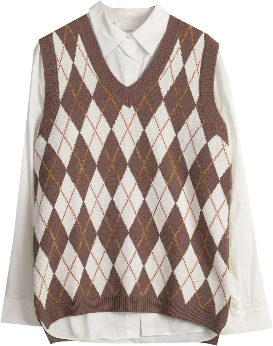 Hyipels Sweater Vest Women,Sleeveless V Neck Argyle Plaid Long Preppy Loose Knitted Casual School Sweaters Tank Top