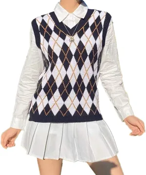 Hyipels Sweater Vest Women,Sleeveless V Neck Argyle Plaid Long Preppy Loose Knitted Casual School Sweaters Tank Top