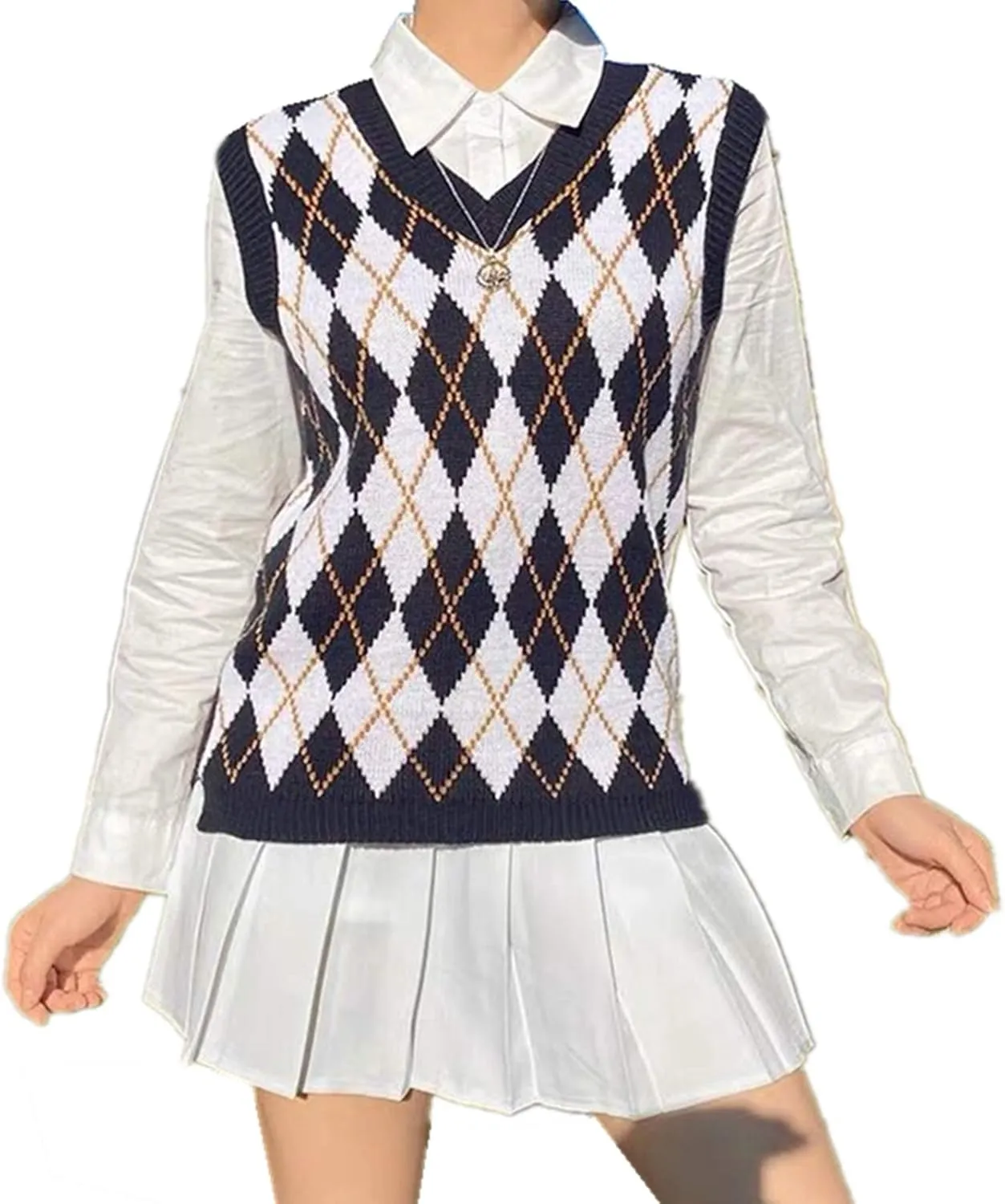 Hyipels Sweater Vest Women,Sleeveless V Neck Argyle Plaid Long Preppy Loose Knitted Casual School Sweaters Tank Top