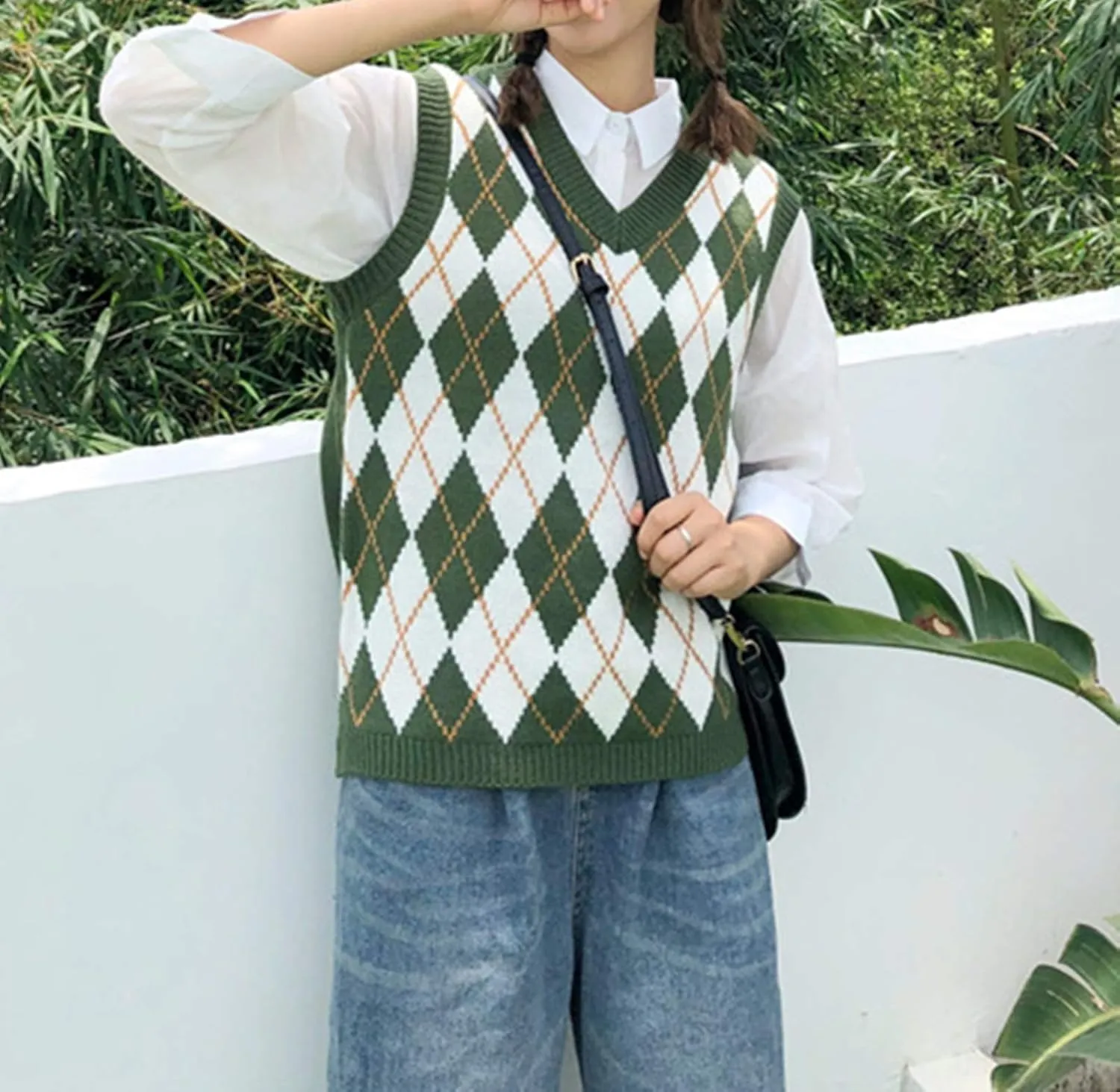 Hyipels Sweater Vest Women,Sleeveless V Neck Argyle Plaid Long Preppy Loose Knitted Casual School Sweaters Tank Top