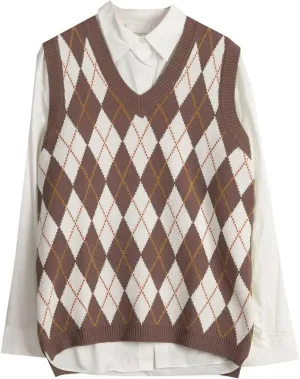 Hyipels Sweater Vest Women,Sleeveless V Neck Argyle Plaid Long Preppy Loose Knitted Casual School Sweaters Tank Top