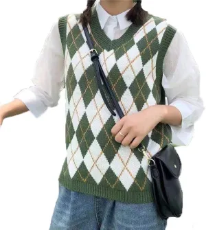 Hyipels Sweater Vest Women,Sleeveless V Neck Argyle Plaid Long Preppy Loose Knitted Casual School Sweaters Tank Top